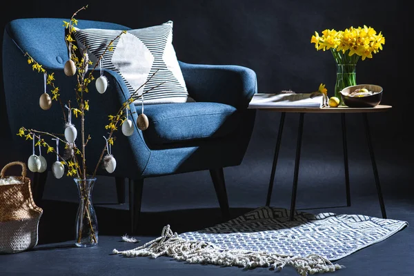 Interior Holidays Home Decor Concept Modern Blue Chair Pillow Basket — Stok fotoğraf