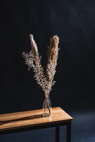 Interior Home Decor Concept Close Dry Plants Reed Vase Bench — 图库照片