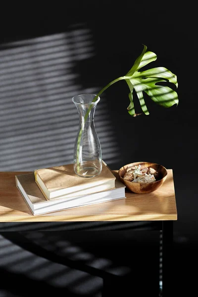 Interior Home Decor Concept Monstera Leaf Glass Vase Books Seashells — Stok fotoğraf