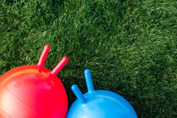 Kinder Vrijetijds Speelgoedconcept Twee Stuiterballen Hoppers Gras — Stockfoto