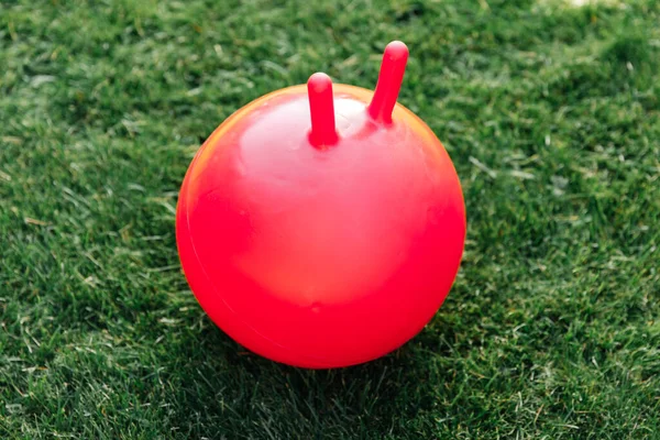 Çocukluk Eğlence Oyuncak Konsepti Kırmızı Zıplayan Topa Yakın Olmak Çimenlerin — Stok fotoğraf
