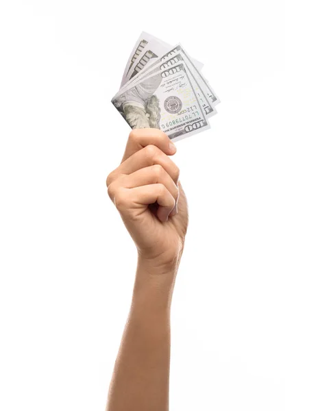 货币和人的概念 在白底背景下手握100美元钞票的特写镜头 — 图库照片