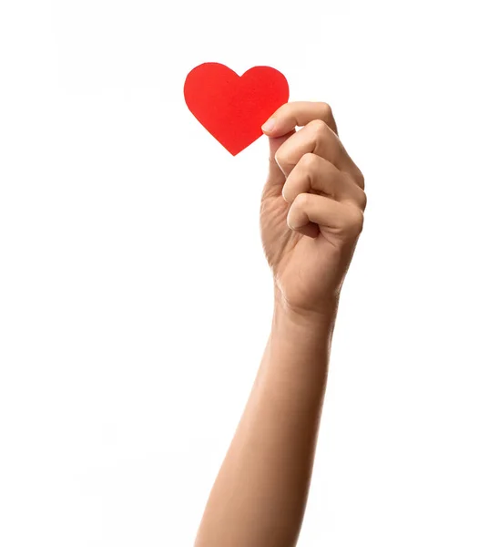 爱与健康的概念 手牵手将红纸的心脏贴在白色背景上 — 图库照片