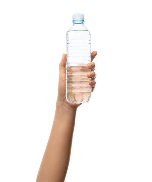 Gezonde Levensstijl Dieet Concept Hand Houden Plastic Fles Water Geïsoleerd — Stockfoto