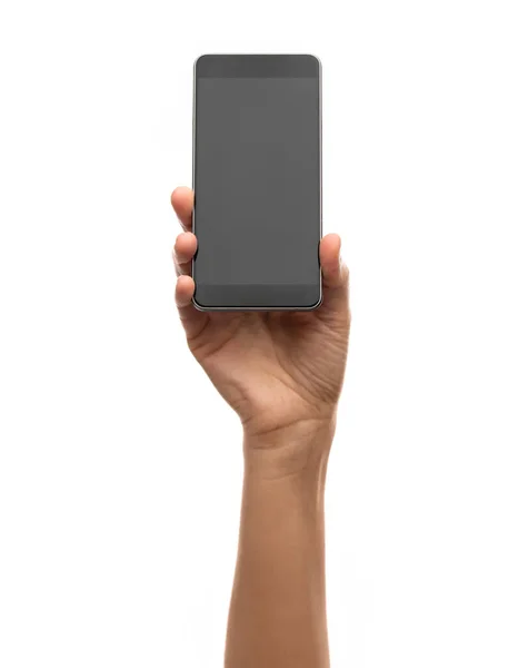 Teknik Och Människor Koncept Närbild Hand Hålla Smartphone Över Vit — Stockfoto