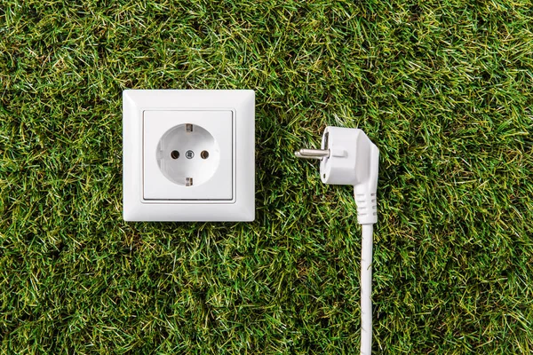 Electricity Energy Power Consumption Concept Close Socket Plug Green Grass — Stok fotoğraf