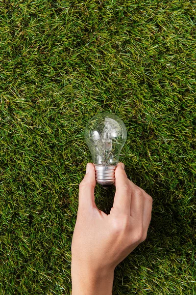 Концепция Потребления Электроэнергии Энергии Энергии Закрытие Ручной Лампочки Зеленом Фоне — стоковое фото
