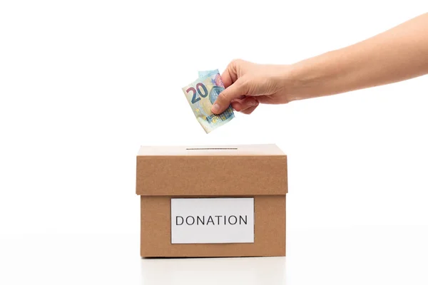 Charita Spoření Fundraising Koncept Zblízka Uvedení Eurohotovosti Dárcovského Boxu — Stock fotografie