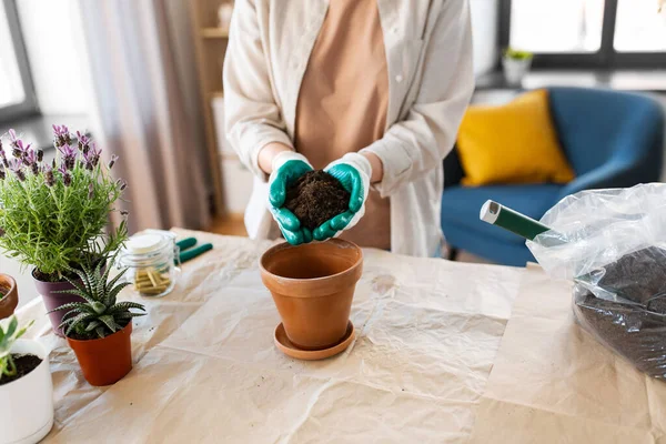 People Gardening Housework Concept Close Woman Gloves Pouring Soil Flower — Stockfoto