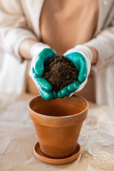 People Gardening Housework Concept Close Woman Gloves Pouring Soil Flower — Foto de Stock