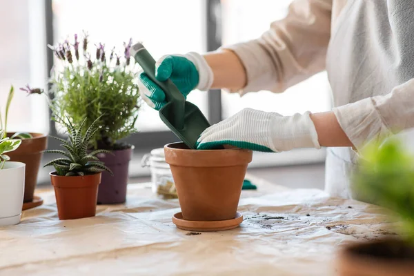 People Gardening Planting Concept Close Woman Gloves Trowel Pouring Soil — Fotografia de Stock