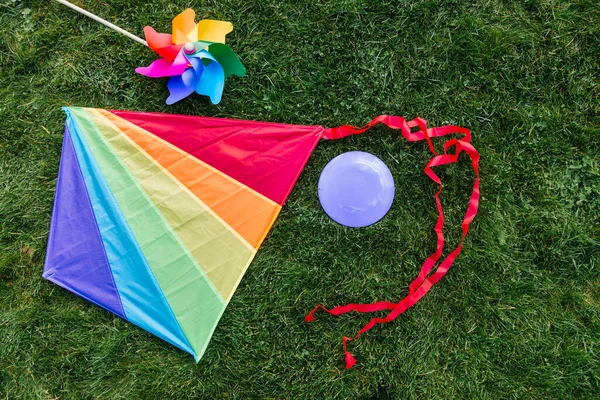 子供時代とレジャーゲームのコンセプト 緑の芝生や草の上にマルチカラーの凧 空飛ぶ円盤と松輪のクローズアップ — ストック写真