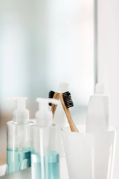 Hygiene Dental Care Daily Routine Concept Close Toothbrush Toothpaste Mirror — Stock Photo, Image
