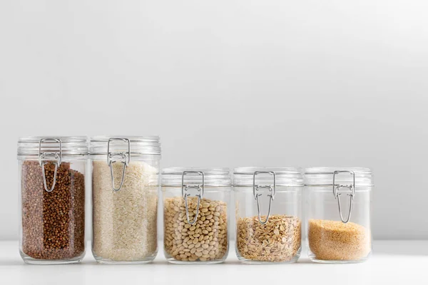 Jídlo Zdravá Výživa Pojetí Stravy Sklenice Pohankou Rýže Ovesné Vločky — Stock fotografie