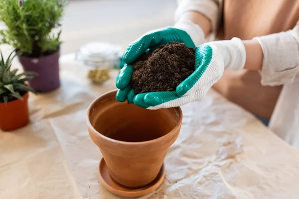 People Gardening Housework Concept Close Woman Gloves Pouring Soil Flower — Foto de Stock