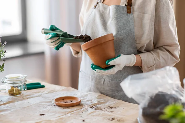 People Gardening Planting Concept Close Woman Gloves Trowel Pouring Soil — Stok fotoğraf