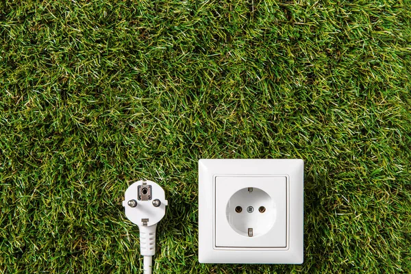 Electricity Energy Power Consumption Concept Close Socket Plug Green Grass — ストック写真