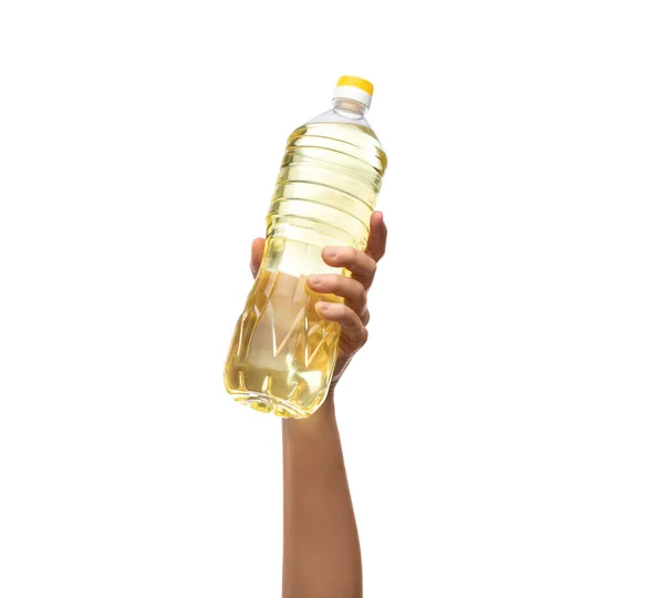 Lebensmittel Und Kochkonzept Plastikflasche Mit Sonnenblumen Oder Rapsöl Der Hand — Stockfoto