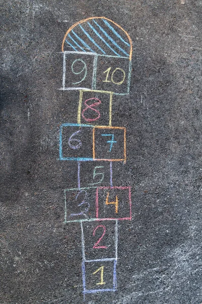 Leisure Games Childhood Concept Close Hopscotch Chalk Drawing Asphalt Pavement — Stock Photo, Image