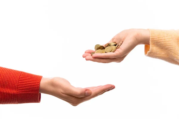 Charity Savings Fundraising Concept Close Hand Donating Coins Another Person — Stock Photo, Image