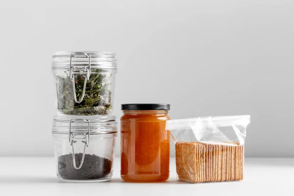Food Healthy Eating Diet Concept Jars Dried Herbs Tea Jam — Stock Photo, Image