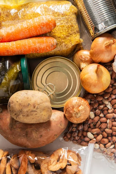 Gıda Depolama Yeme Konsepti Farklı Tahıl Sebze Reçellere Yakın Üst — Stok fotoğraf
