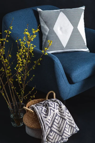 Interior Home Decor Concept Close Blue Chair Pillow Blanket Wicker —  Fotos de Stock