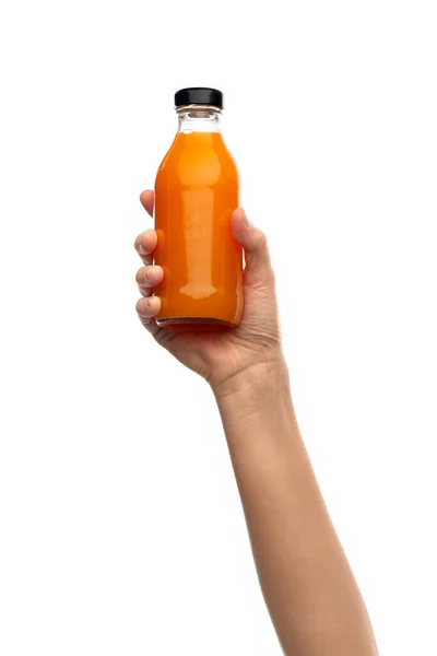 Hälsosam Livsstil Och Detox Koncept Hand Hålla Glasflaska Med Apelsin — Stockfoto