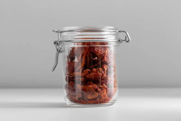 Food Storage Eating Concept Jar Beef Jerky Pastrami White Table — Stock Photo, Image