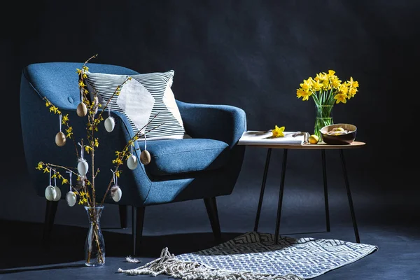 Interior Férias Conceito Decoração Casa Cadeira Azul Moderna Com Travesseiro — Fotografia de Stock
