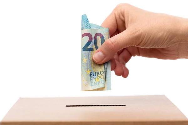 Conceito Caridade Poupança Angariação Fundos Close Hand Putting Euro Cash — Fotografia de Stock
