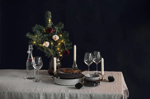Zimní Prázdniny Večeře Oslavy Koncepce Nádobí Svíčky Pro Skandinávský Vánoční — Stock fotografie