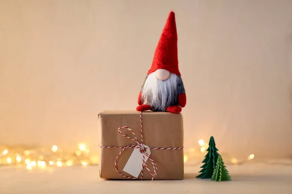 Noël Décoration Vacances Hiver Concept Gros Plan Gnome Jouet Coffret — Photo