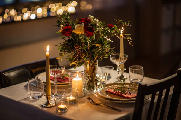 Vacances Date Romantique Concept Célébration Gros Plan Table Fête Servant — Photo