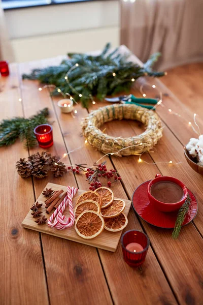 Winter Holidays Diy Hobby Concept Close Christmas Wreath Making Stuff — Stock Photo, Image