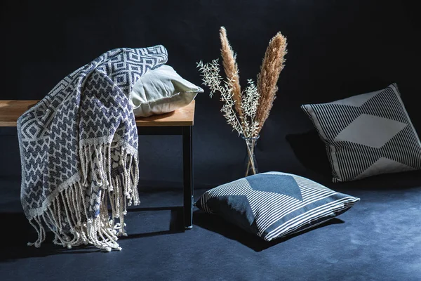 Interior Home Decor Concept Pillows Blanket Bench Dry Plants Vase — 图库照片