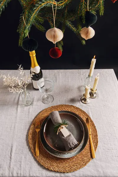 Vacaciones Invierno Cena Concepto Celebración Mesa Navidad Escandinava Que Sirve — Foto de Stock