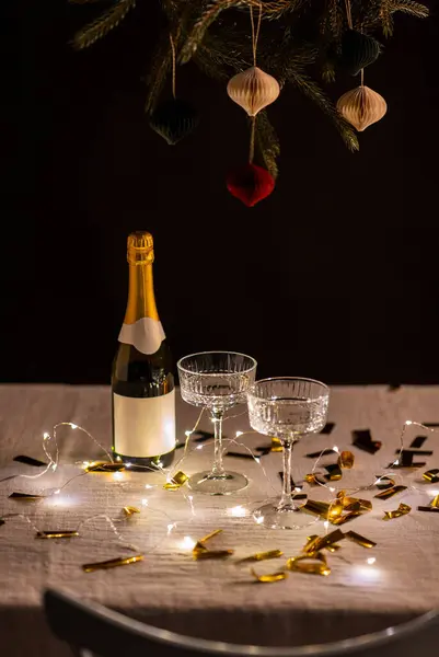 Christmas Celebration Winter Holidays Concept Champagne Glasses Electric Garland Lights — Stock Photo, Image