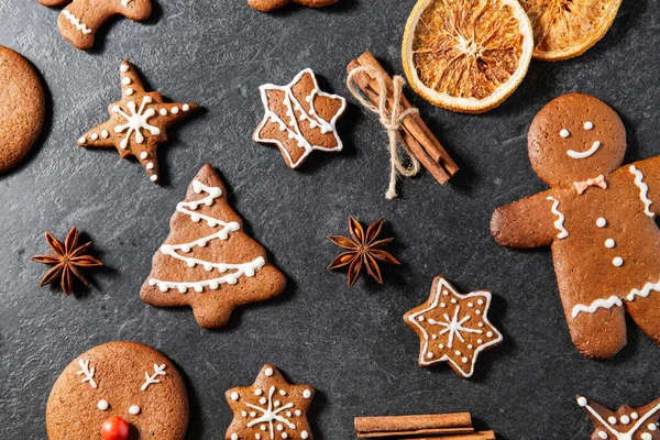Baking Cooking Christmas Food Concept Close Iced Gingerbread Cookies Cinnamon — Stock Photo, Image