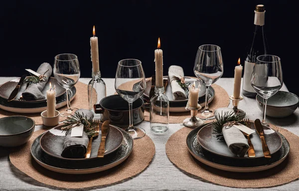Kış Tatilleri Akşam Yemeği Kutlama Konsepti Skandinav Noel Masasının Kapanışı — Stok fotoğraf