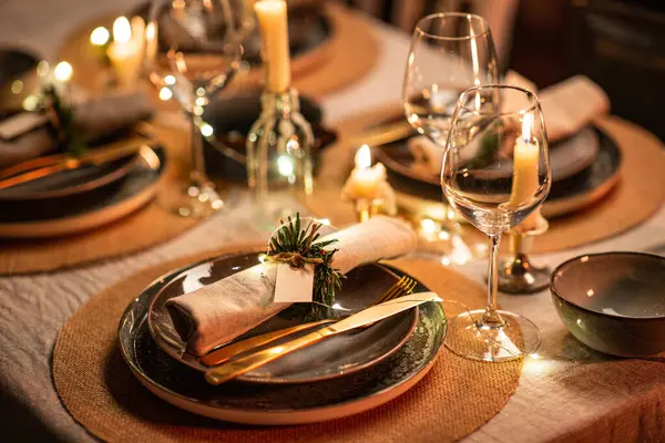 Winter Holidays Dinner Party Celebration Concept Close Scandinavian Christmas Table — Stock Photo, Image