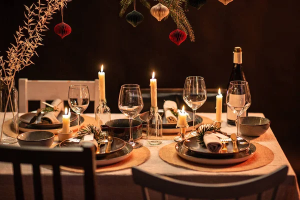 Winter Holidays Dinner Party Celebration Concept Scandinavian Christmas Table Serving — Stockfoto