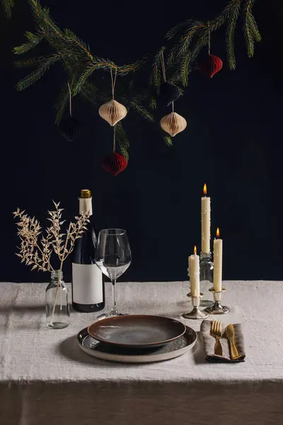 Vacaciones Invierno Cena Concepto Celebración Mesa Navidad Escandinava Que Sirve — Foto de Stock