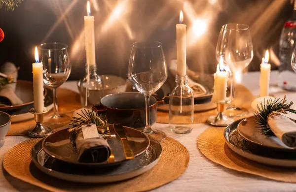 Kış Tatili Akşam Yemeği Kutlama Konsepti Skandinav Noel Masası Evde — Stok fotoğraf