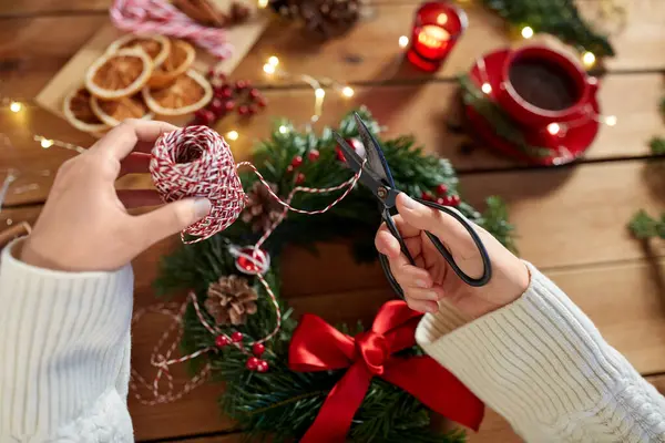 Winter Holidays Diy Hobby Concept Close Woman Decorative Rope Scissors — Stock Photo, Image