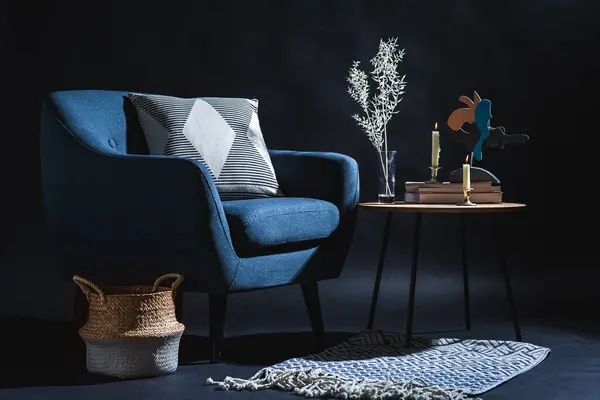 Interior Home Decor Concept Close Blue Chair Pillow Candles Books — 图库照片