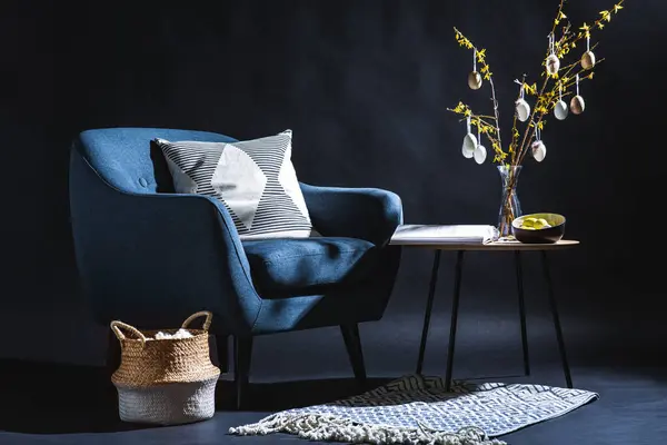 Interior Holidays Home Decor Concept Modern Blue Chair Pillow Basket — Stock Photo, Image