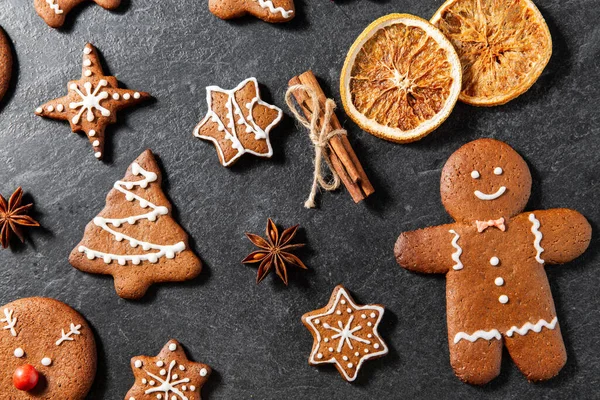 Baking Cooking Christmas Food Concept Close Iced Gingerbread Cookies Cinnamon — Stock Photo, Image