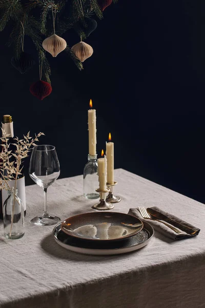 Vacaciones Invierno Cena Concepto Celebración Mesa Navidad Escandinava Que Sirve —  Fotos de Stock