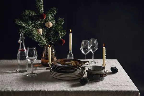 Zimní Prázdniny Večeře Oslavy Koncepce Nádobí Svíčky Pro Skandinávský Vánoční — Stock fotografie